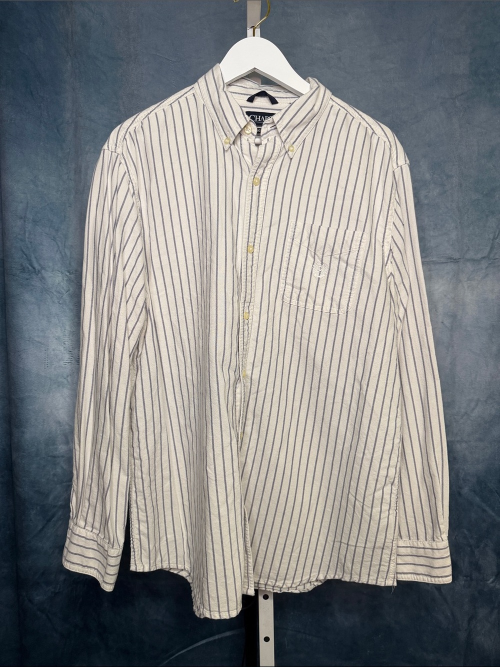 Chaps White Shirt with Navy Pinstripes - Button-Down Casual Size Large